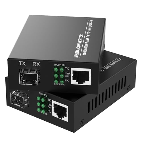 2 Pack Gigabit Ethernet Fiber Media Converter, Open SFP Slot, RJ45 to 1000Base-SX for 10/100/1000Mbps, Supports Gigabit SFP Modules Up to 120KM, Plug and Play, Auto-Negotiation, UL Certified