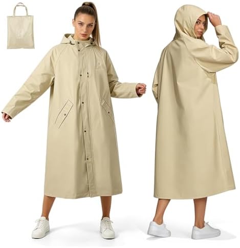 PALAY® Raincoat for Women Men Waterproof Full-Length Hooded Rain Jacket Beige Long Oversized Rain Poncho with Snap-Button&Pockets Lightweight Reusable Trench-Style Rainwear for Hiking, Travel, Riding