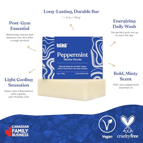 Image of Keika Peppermint Soap Bar for Face & Body, Natural Cooling Spa Bath & Shower Cleanser, 5 oz.
