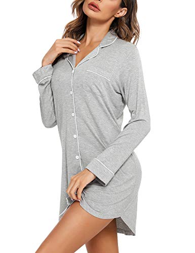 Image of Samring Nightgown for Women Long Sleeve Button Down Night Gown Boyfriend Nightdress Sleep Shirts