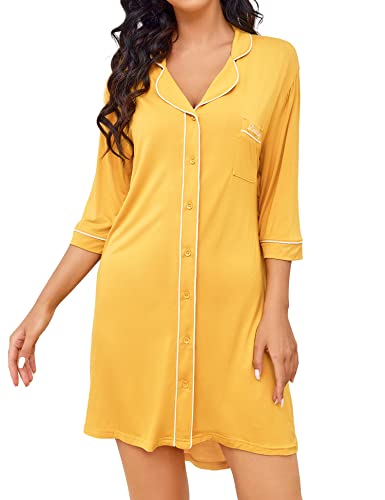 Linadiary Nightgowns For Women Button Down Night Shirt 3/4 Sleeve Boyfriend V-Neck Sleepwear Pajama Dress Yellow #TOP16