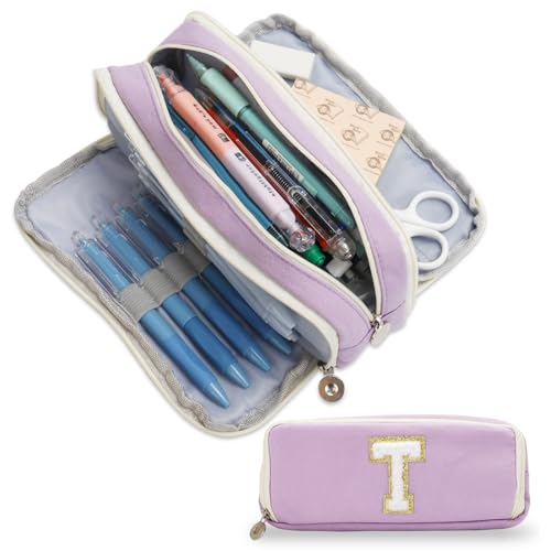 Image of Pencil Case for Girls Women, Initial Pencil Pouch with Zipper, Cute Pencil Bag for School Supplies, Aesthetic Pen Case Box for Kids Teen Girls - T(Purple)