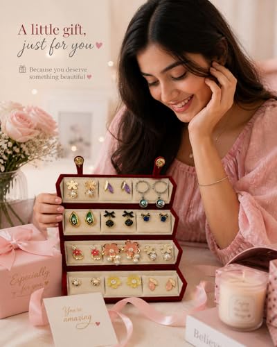 Image of Korean Designer Stud Earrings Set of 12 with Folding Jewelry Box| Traditional & modern korean earing set for women& girls