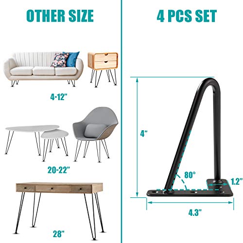 Msobaiw Hairpin Legs 4 Inch Set Of 4, Diy Furniture Metal Table Legs Perfect For Cabinet, Wardrobe, Tv Cabinets, Drawers, Nightstand, 3/8" Diameter Satin Black Two-Rod Mid Century Modern Style #TOP6