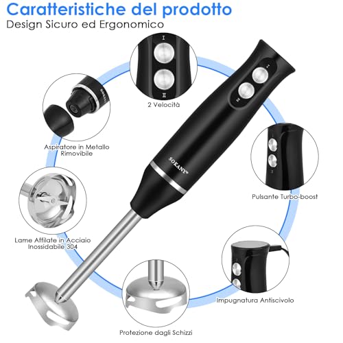 Mixer Immersione 4-In-1, 500 W Frullatore Tritatutto Multifunzione, 2 Velocità, con Frusta e Tritatutto da 500 ml e Misurino da 700 ml per Frullati, Zuppe, Salse, Yogurt, Alimenti Bambini - immagine 3