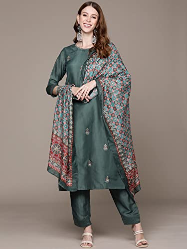 Image of anubhutee Women's Muslin Green Floral Embroidered Straight Kurta Suit Set With Pants And Dupatta