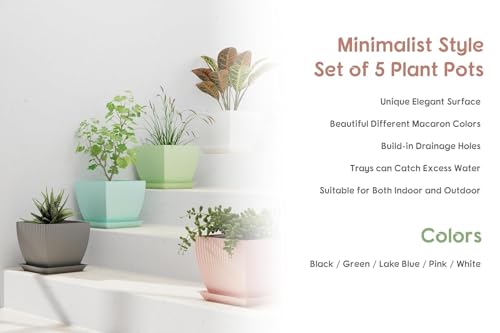 Image of HOMIFLY 5 Pack Plastic Square Flower Pots with Drainage & Bottom Tray /Lightweight, UV & Weather Resistant /6.5 Inch Planters for Indoor /Outdoor /Home /Balcony /Terrace /Garden Plant Pots (Sky Blue)