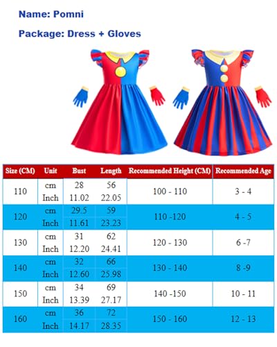 Pomni Clown Dresses for Girls, Kids The Amazing Digital Circus Cosplay Dress with Gloves for Halloween Carnival Birthday Party