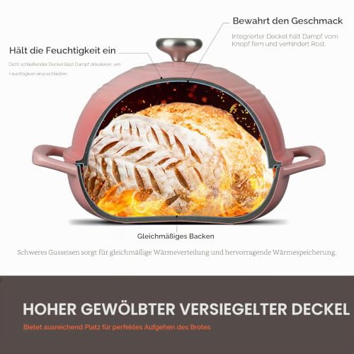 Foto von Overmont Gusseisen Topf Emaille Brotbacktopf - 5.7L Bräter Schmortopf mit Deckel und Kochbuch – für Küche Backen Schmoren Braten - Rosa