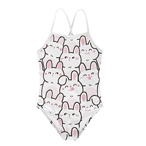 KiuLoam Cute Cartoon Bunny Girls One-Piece Swimsuit Quick Dry Beach Swim Bathing Suit for 3-8 Years Little Girls