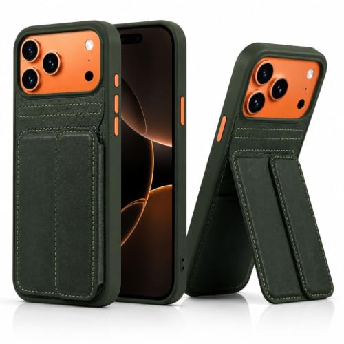 Image of amazon basics Luxury Vegan Leather Back Cover for iPhone 17 Pro | Built-in Card Holder Slot | Integrated Mobile Stand | Slim Shockproof Protective Case with Stitched Finish - Green