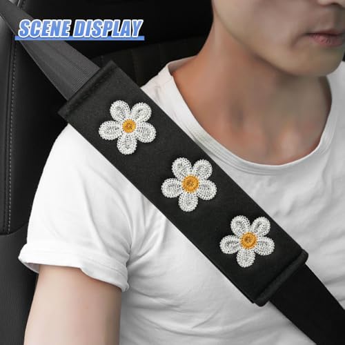 Image of 2PCS Daisy Flower Car Seat Belt Cover Pads, Protect Neck, White | Soft Breathable Auto Seat Shoulder Strap Pad, Comfortable Seatbelt Cushion, Vehicle Interior Decoration for Cars, Trucks