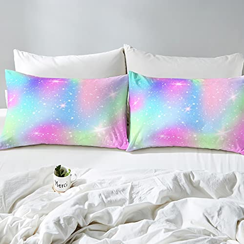 Erosebridal Galaxy Fitted Sheet Queen Rainbow Ombre Sheets Space Star Glitter Bed Sheets For Girls Teens Women, Tie Dye Gradient Sheet Set Pastel Starlight Sheets Bedroom Decor, 4Pcs #TOP1