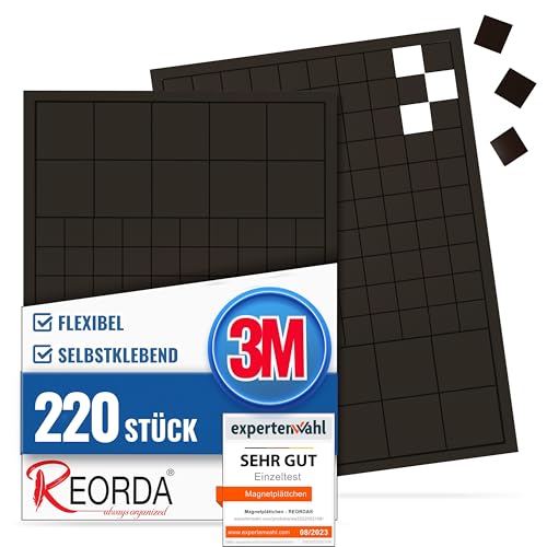 Reorda® Magnetplättchen selbstklebend (220 Stück) | Starker 3M-Kleber ermöglicht ausgezeichnete Klebekraft | Vielseitige Flache Magnete zum basteln & schneiden | Ideal nutzbar für Schule & Büro
