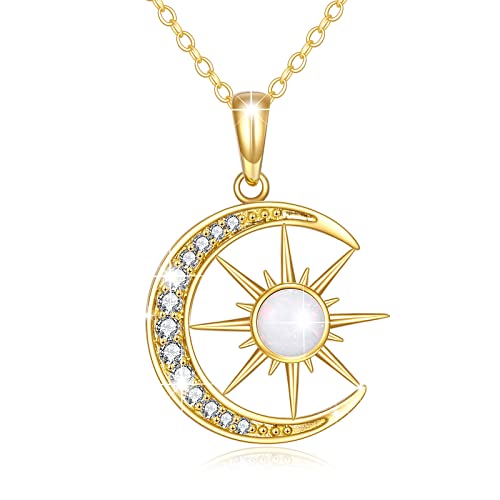 Kecho Moon Necklace Mothers Day Gifts 14K Gold Moon Necklace For Women Real Yellow Gold Crescent Moon And Star Opal Pendant Necklace Jewelry Christmas Gifts For Girls Wife Daughter Girlfriend Mother #TOP3