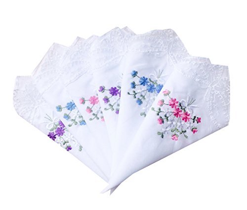 MileyMarla Womens Cotton Handkerchiefs Flower Embroidered Lace Ladies Hankies 6PCS