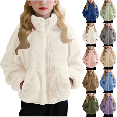 Image of Girls Fleece Jacket Kids Zip Up Stand Collar Solid Sherpa Coat With Pockets Fall Winter Soft Warm Fuzzy Plush Outwear Beige 9-10 Years