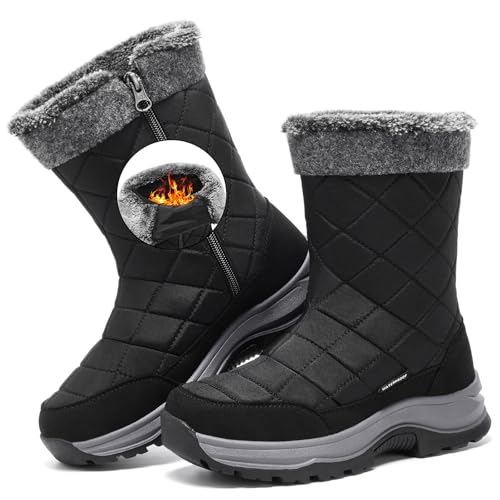 TLOLA Winterstiefel Damen Wasserdicht Schneestiefel Booties Mid Calf Fell...
