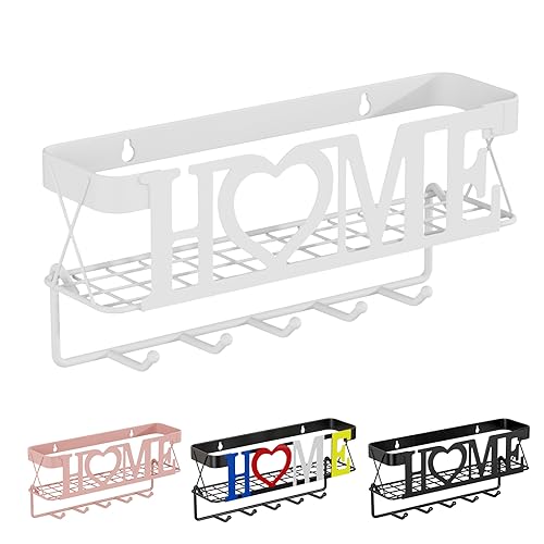 Image of Key Holder Wall Mount - Adhesive Key Holder with 5 Hooks, Key Rack and Mail Organizer, Metal Basket Key Hanger for Entryway, Home, Living Room Decor, 11 inch Lx2.8 inch Wx4.9''H(White)
