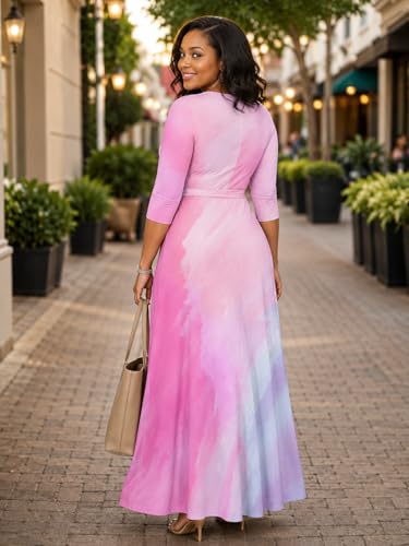 Image of Plus Size Dresses for Women Print Maxi Dresses 3 /4 Sleeve with Belt
