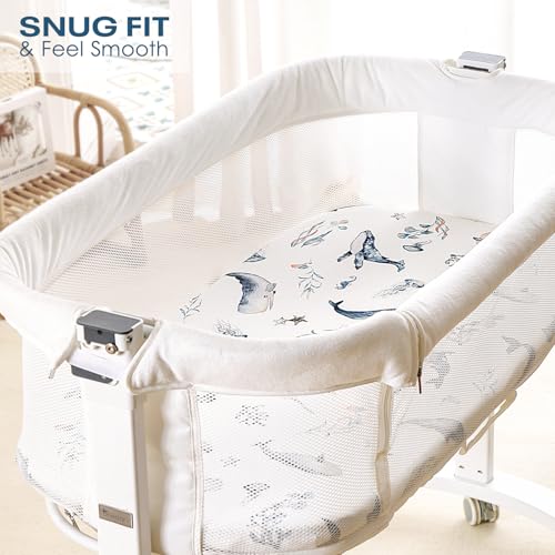 Image of GRSSDER Stretchy Ultra Soft Fitted Bassinet Sheet Set 2 Pack, Universal Fit for Bassinets Baby Cradle Moses Basket Oval Rectangle Mattress Safe and Snug, Sea Fish & Space Stylish Print