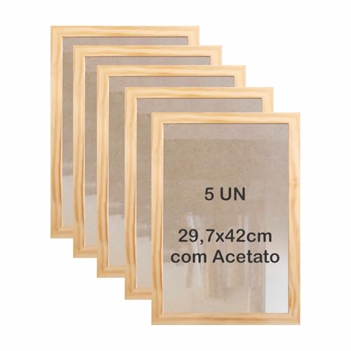 Genérico, Kit 5 Molduras A3 29,7x42cm em Madeira de Pinus com MDF e Acetato Cor:PINUS NATURAL;Tamanh