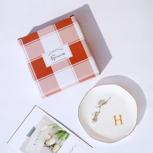 Image of Ceramic Jewelry Tray Initial Ring Dish Personalized H-Monogrammed Engagement Wedding Gifts, for Birthday Mother's Day Christmas for Women, Ceramic White 4.75 inch (H)