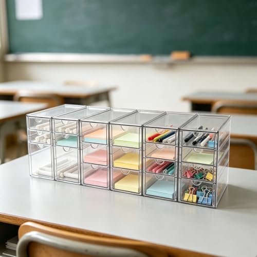 Image of Prsildan Stackable Desk Organizers with 20 Drawers, Craft Storage Drawer | Anti-slip Clear Acrylic Teacher Toolbox, Makeup Vanity Organizer for Nail, Bathroom Kitchen Office Organization, 6 Pack