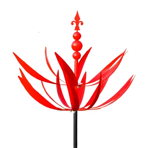 Molino de viento de jardín – Molino de viento de metal resistente, adorno para exteriores con protección UV | Escultura de viento giratoria con diseño rojo brillante, llamativo arte de patio para