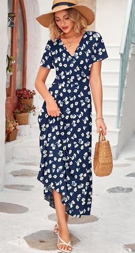 Image of WNEEDU Women's Summer Maxi Dress Short Sleeves Wrap V Neck Long Dresses with Pockets
