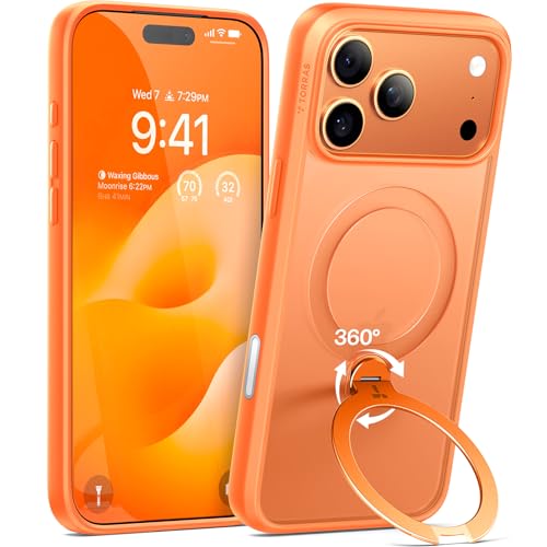 TORRAS iPhone 17 Pro 用 ケース【多機能一体・360°新定点回転スタンド】 Magsafe対応 【Ostand Q3 Spin】高耐久性 耐衝撃 ゼンマイ式スタンド リング 縦横両対応 マグネット搭載 急速充電対応 指紋防止 オレンジ