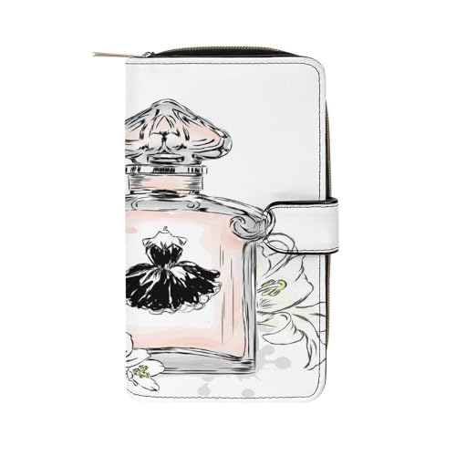 Women Soft PU Leather Wallet, Zipper Card Case Clutch Credit Bills Money Crash Coin 7.8x4.3x1.4 in Holder Purse Print Light Pink Perfume Bottle and Flowers on White