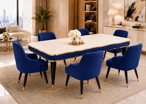 Image of WOODEN SPACE 6-Seater Wooden Dining Table Set | Nano Composite Marble Top | Solid Wood Base | Modern Dining Room Furniture with 6 Chairs (Navy Blue Modern Zyro)