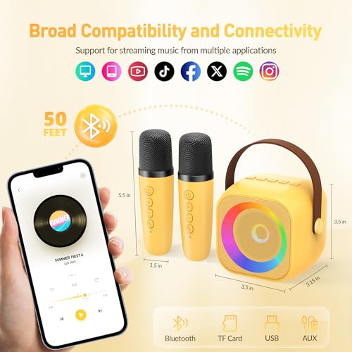 Image of Mini Karaoke Machine for Kids Adults：Portable Bluetooth Karaoke Speaker with 2 Wireless Microphones and Lights for Home Party, Christmas Birthday Gifts for 4-12+ Years Old Girls Boys(Yellow)