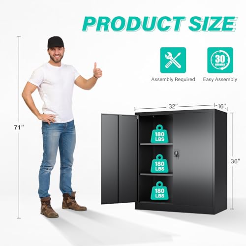 Image of SISESOL Small Metal Storage Cabinet with Doors and Shelves,36 inch Black Locking Garage Cabinet,Lockable Short Steel Cabinets for Home,Office,Shop,Garage