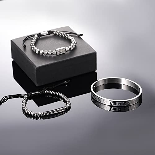 Funeia 3Pcs Cuff Bangle Bracelet For Men Stainless Steel Roman Numeral Charm Cuff Bangle Sets Hip Hop Jewelry (F:silver) #TOP5