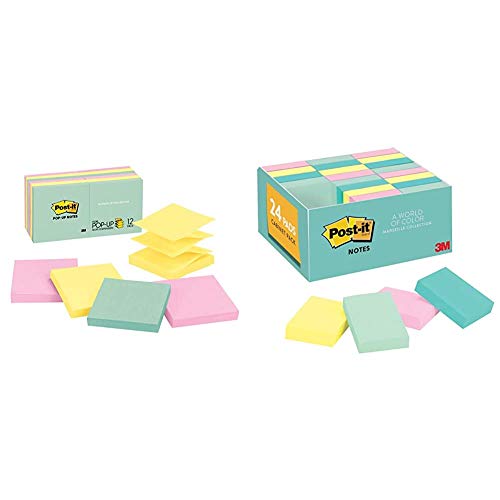 Post-it Pop-up Notes & Mini Notes, 1.5 in x 2 in, 24 Pads, America's #1 Favorite Sticky Notes, Marseille Collection, Pastel Colors (Pink, Mint, Yellow), Recyclable (653-24APVAD)