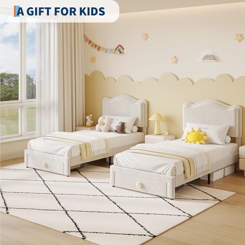 GarveeHome Upholstered Twin Bed Frame with Storage Drawer & Scallop Headboard, Princess Twin Size Platform Bed Frames for Kids Girls, Wooden Slats Support, No Box Spring Needed, Beige