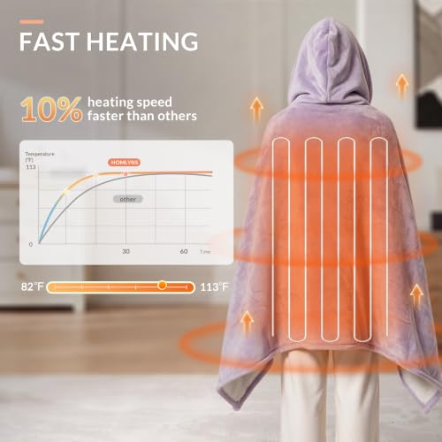 HOMLYNS Wearable Heated Blanket Wrap with Hood, 40 x 70 in, Purple - image 4