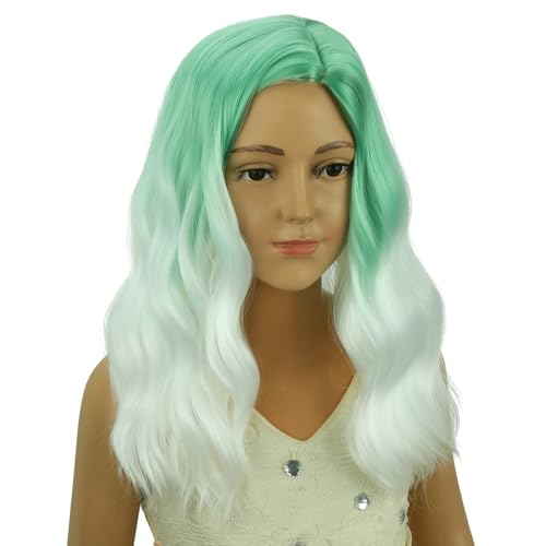 Image of PATTNIUM Girls Mint Green Ombre White Short Curly Wavy Wigs Side Part Shoulder Length Heat Resistant Synthetic Wig Halloween Cosplay Costume Party Wigs