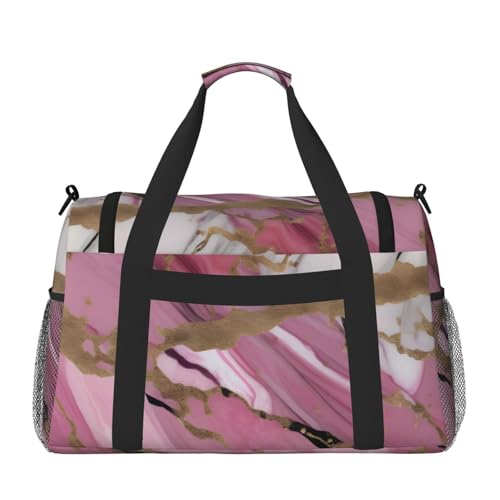 Pink White Marble Pattern Print Stylish Foldable Carry On Tote with Waterproof Zipper for Weekend Getaways Bag2