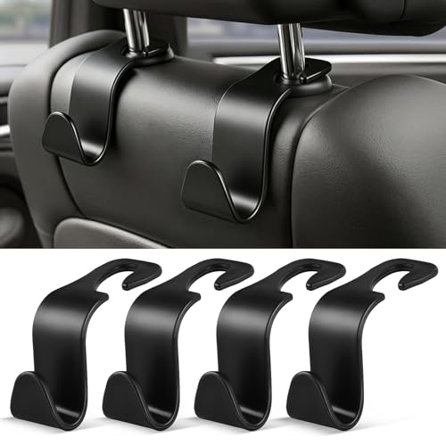 Image of SINGARO 4 Pack Car Seat Headrest Hooks, Vehicle Back Seat Hanger Storage Organizer for Purse Handbag Backpack Coat Grocery, 360 Rotating Heavy Duty Holds 44lbs, Black