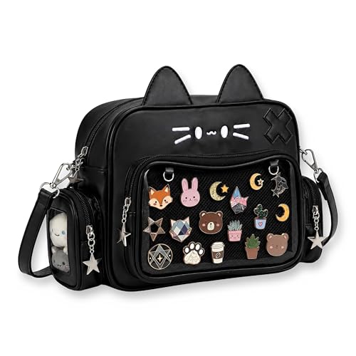 SUSTRALO Kawaii Cat Ita Bag Crossbody, Anime Pin Display Backpack, Black