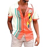Hawaiian Bowling Shirts Men Retro Funny Sport Bowler Shirt Beach Summer Tee Tropical Vacation Button Down Short Sleeve Tops Apricot