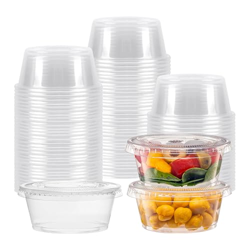 Image of TashiBox 100 Sets 3.25 oz Plastic Disposable Portion Cups with Lids, Souffle Cups, Jello Cups, Snack Cups