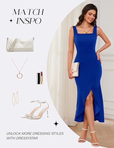 Image of Dressystar 2026 Women's Square Neck Bodycon Sleeveless Cocktail Dresses | wedding guest dresses for women, midi length, formal party dress, soft breathable stretchy material, slit ruffle hem design