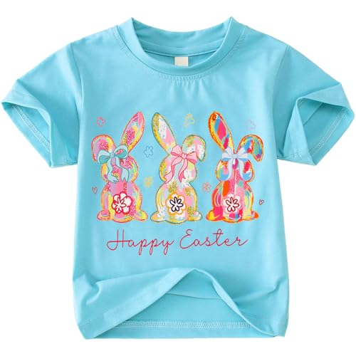AG AGUU Kids Toddler Girls Easter Shirts Sequins Bunny T-Shirt Short Sleeve Tees Tops Happy Easter Outfit Clothes(Blue,2-3T)