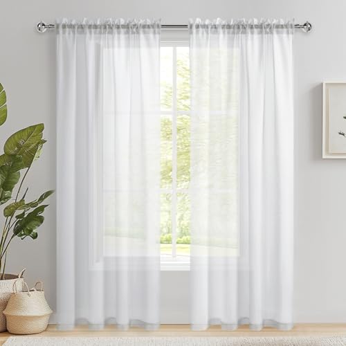 DWCN White Net Curtains for Windows 69 Drop, Rod Pocket Voile Curtain Bedroom Sheer Curtains Semi-Transparent Light Filtering Curtains for Bedroom Living Room Nursery, W55 x L69 Inch, Set of 2