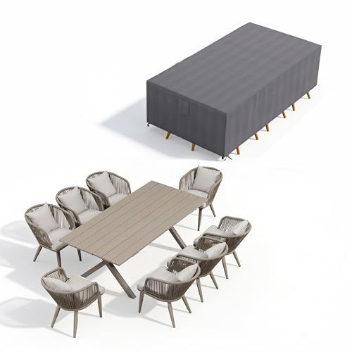 Image of PURPLE LEAF 9 Pieces Patio Dining Set with Waterproof Furniture Cover Rectangular Table and Chairs Set for Garden Deck Aluminum Frame Backyard Kitchen Set, Cushions and Pillows Included Champagne