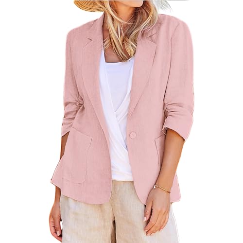 Women's Casual Blazer Cotton Linen Button Lapel Long Sleeve Coat Work Business Blazers Jackets Outfits with Pockets